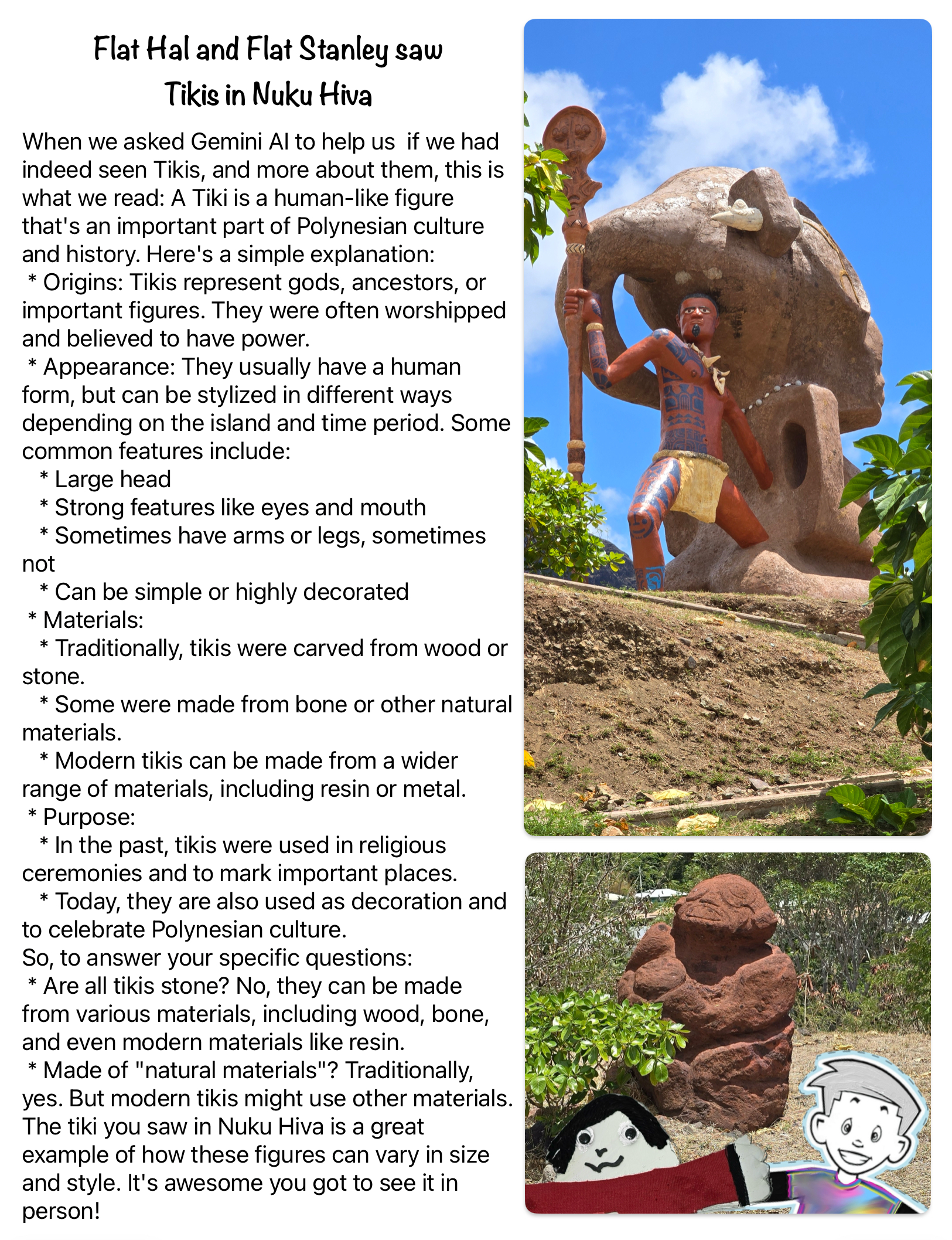 Flat Hal and Flat Stanley saw Tikis in Nuku Hiva