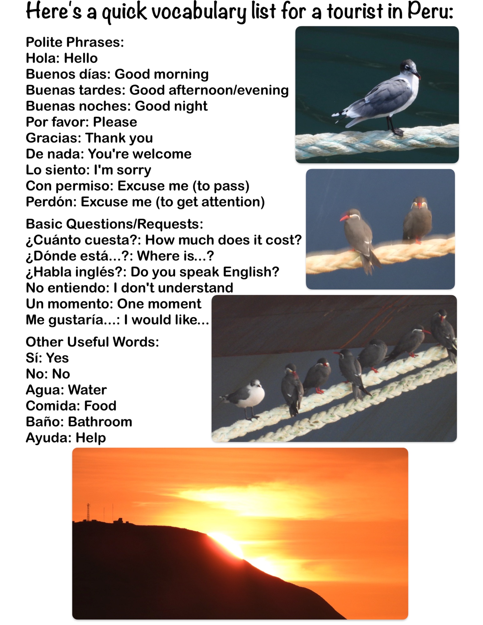 Here’s a quick vocabulary list for a tourist in Peru: