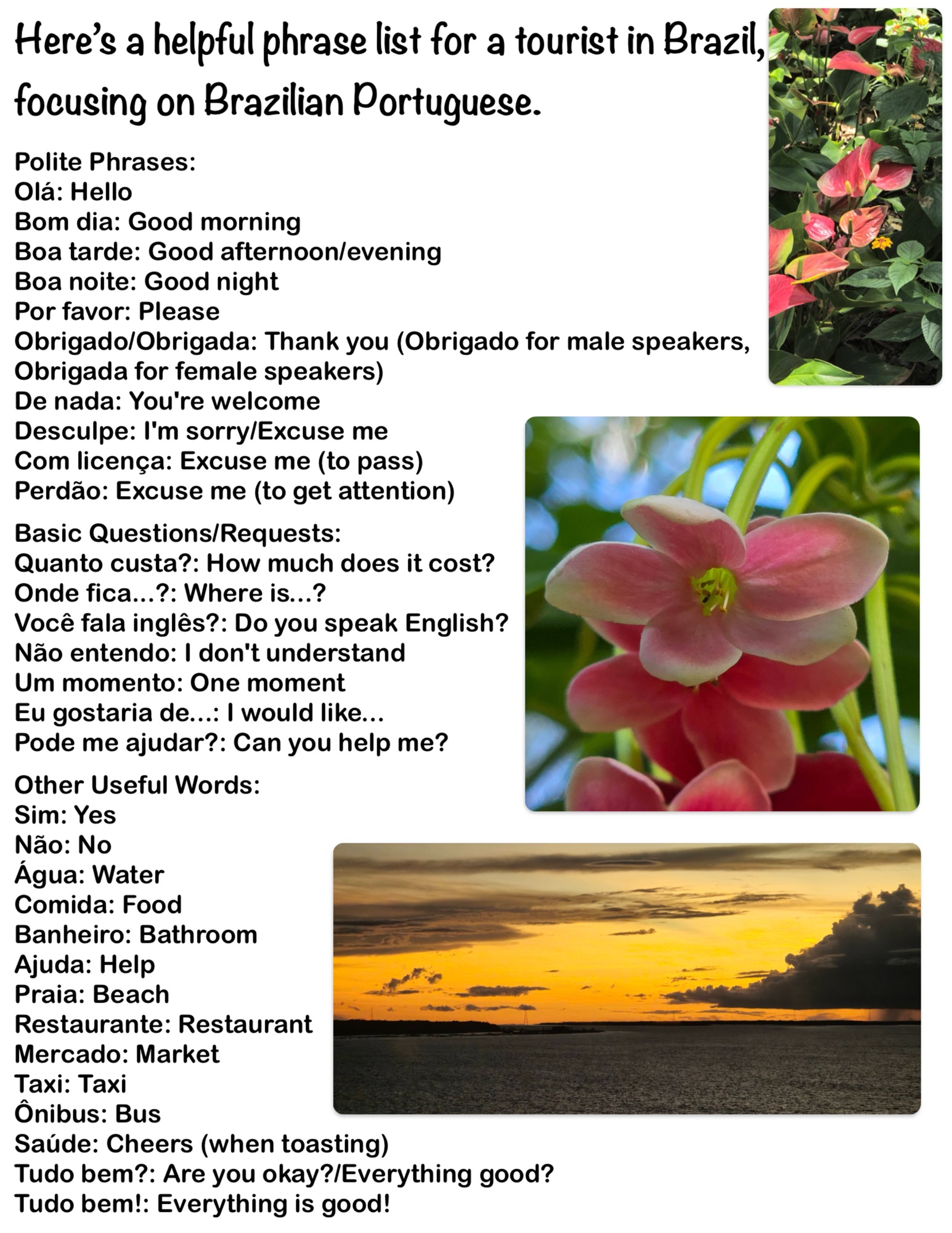 Here’s a helpful phrase list for a tourist in Brazil, focusing on Brazilian Portuguese.