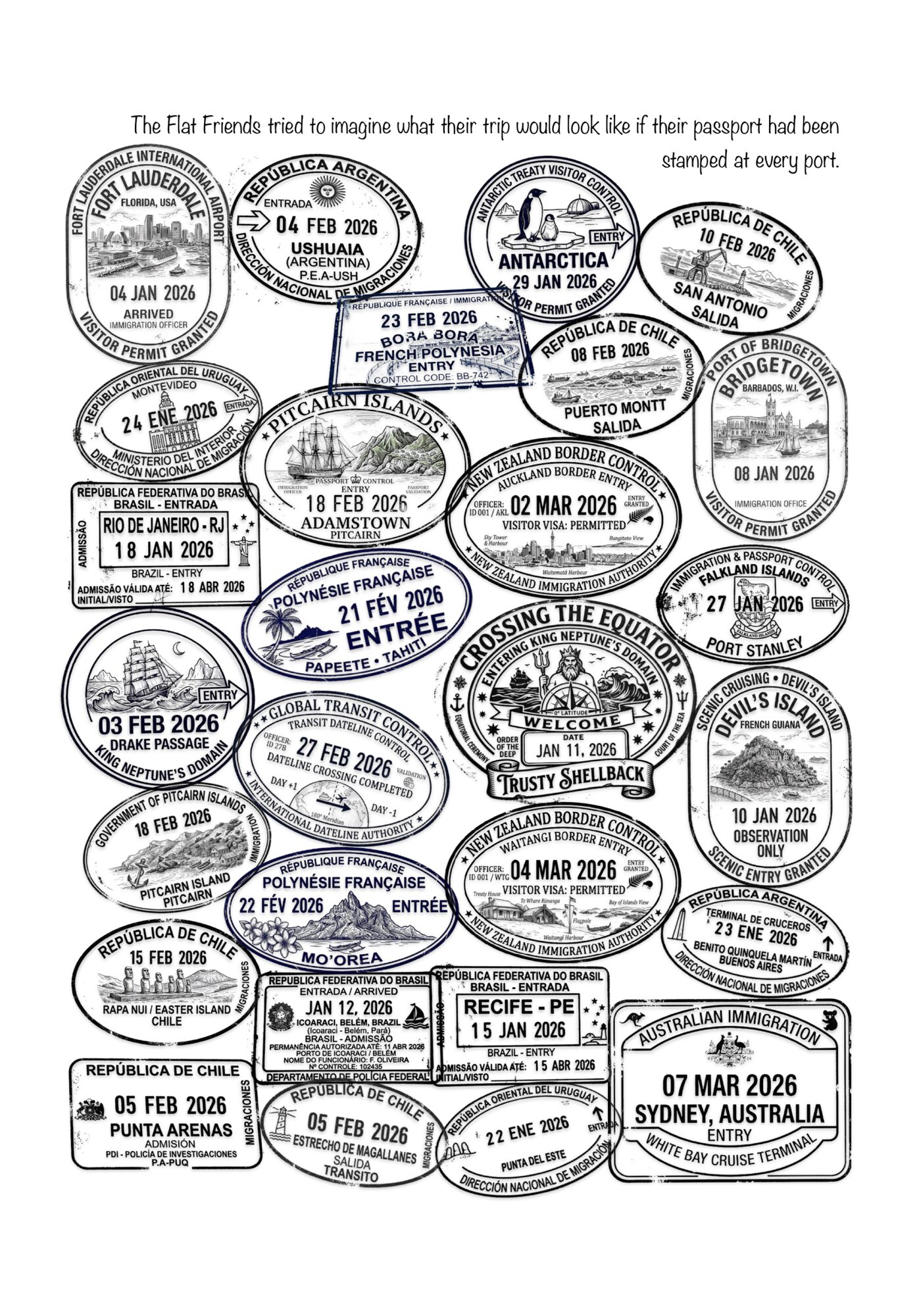 The Flat Friends tried to imagine what their trip would look like if their passport had been stamped at every port.